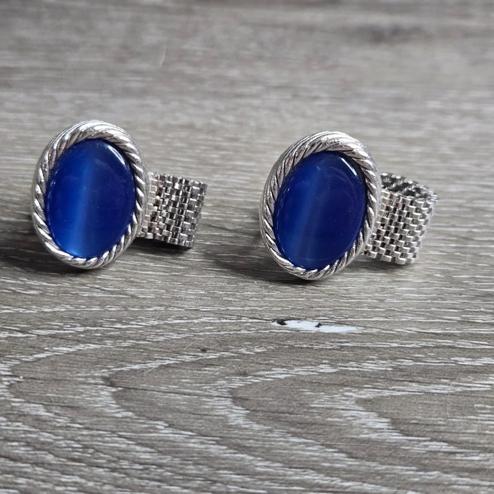 Silver Tone Blue Chatoyant Glass Cufflinks Wrap Around Mesh Toggle Back